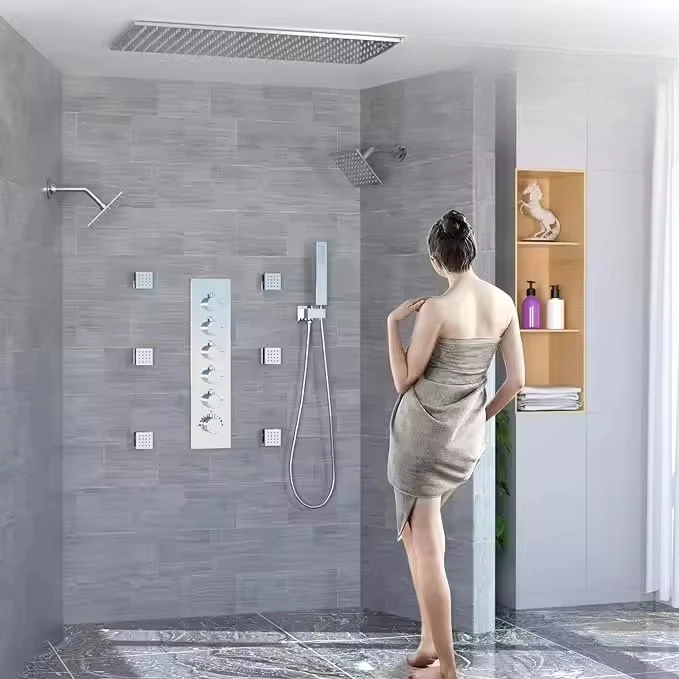 Thermostatic Premium High Flow Hidden LED Single Handle Brass Chrome Shower System Ceramic Soft Rainfall Luxury Bathroom Set