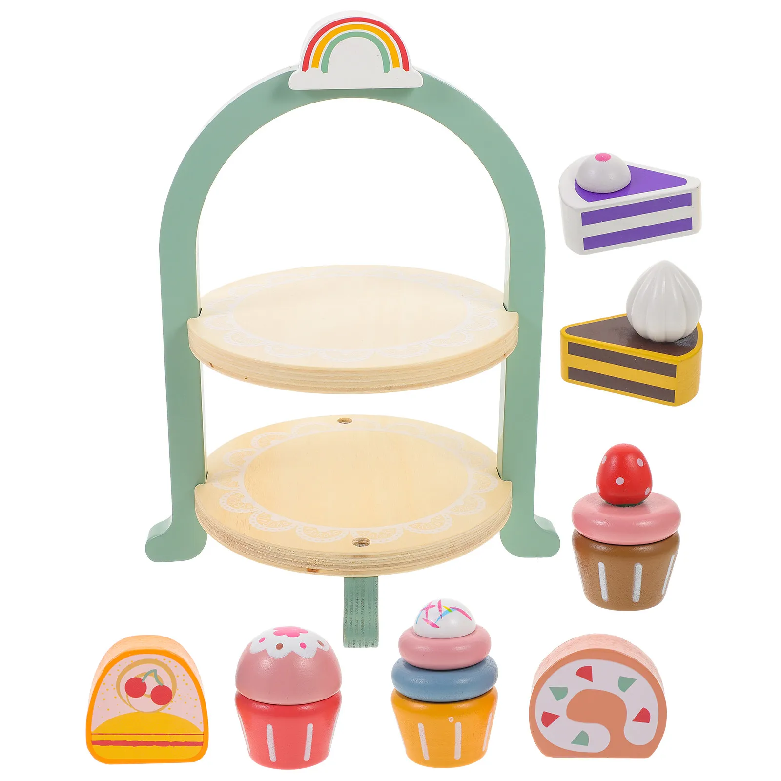 

1Set Wood Cake Play Set Miniature Simulation Dessert Decoration Pretend Play Food for Kids Party Roleplaying Early Education