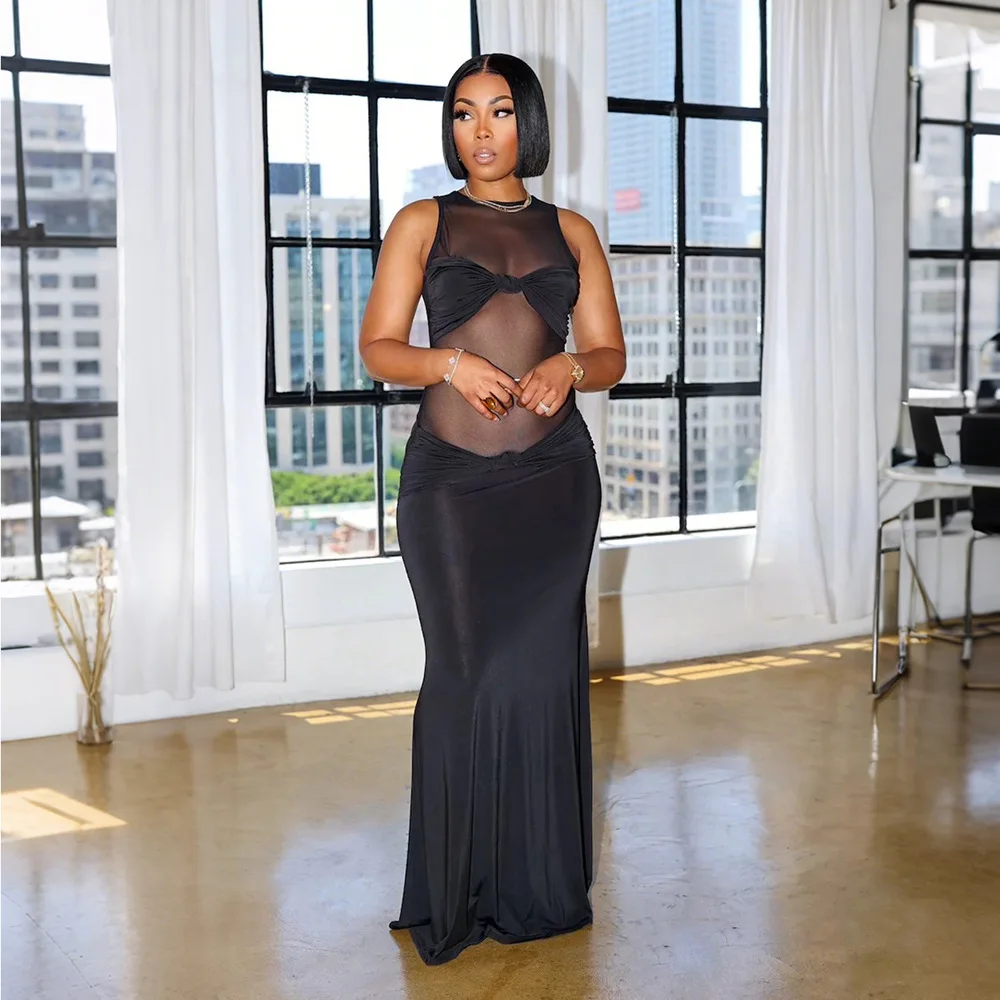 Durchsichtiges Partykleid, Abendclub, Ballkleider, 2025, Damen-Sommerkleidung, sexy, figurbetont, lange Kleider, elegantes schwarzes Kleid