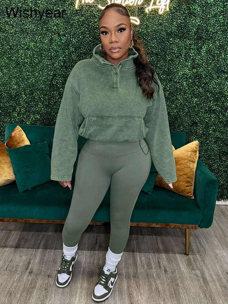 Women's 2 Piece Outfits Washed Gray High Neck Sweatshirt and High Waist Leggings Set Casual Loungewear Tracksuit for Gym Daily