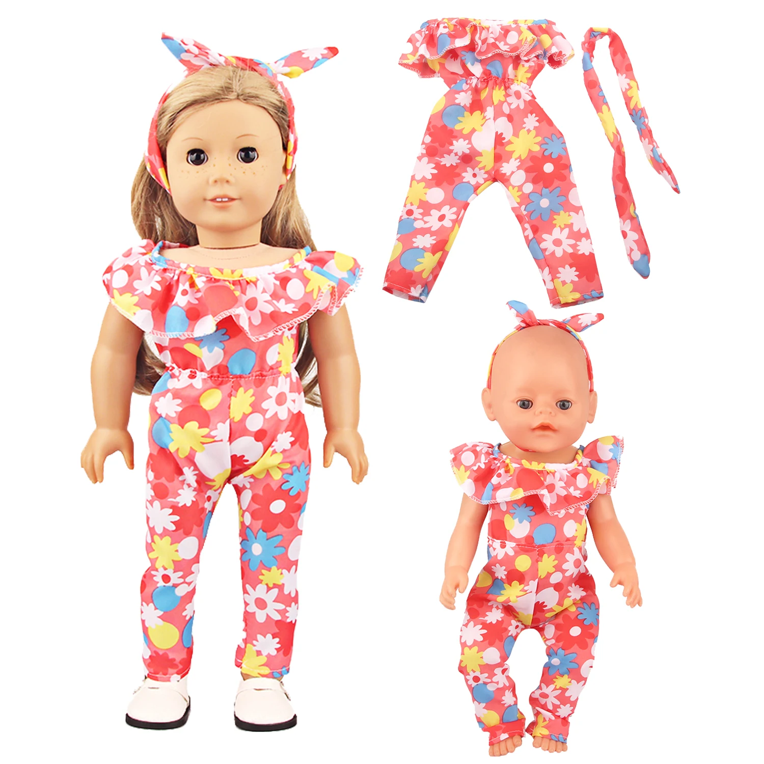 Spring Summer Doll Romper with Flower Pattern Outfit + Hairband Set for 18 Inch American&43cm Baby Newborn OG Girl Doll Jumpsuit