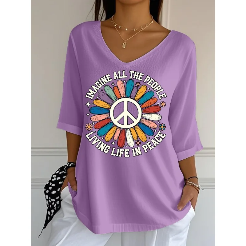 ilstile Women's Living Life In Peace Letter Print T-Shirts Summer 3/4 Sleeve Casual Loose T Shirt V Neck Tops Tees NEW