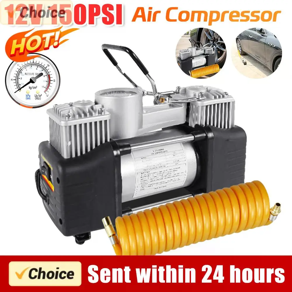 12V 150PSI Portable Air Compressor Dual Cylinder Car Tire Pump Car Tire Inflatable Pump Heavy Duty Portable Metal Air Compressor