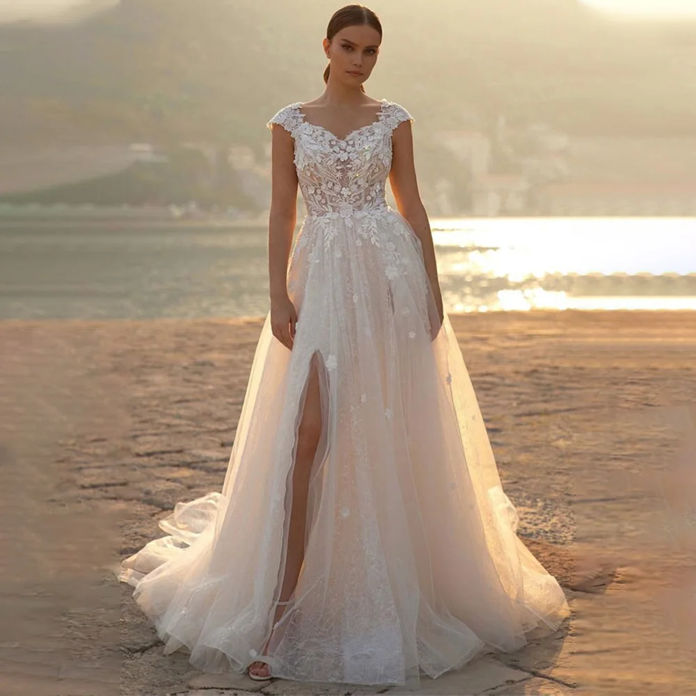 

Elegant Wedding Dress for Women 2022 Bride A Line Applique Luxury Weddin Gown Lace Sleeveless Side Split Lace Bridal Dress Long