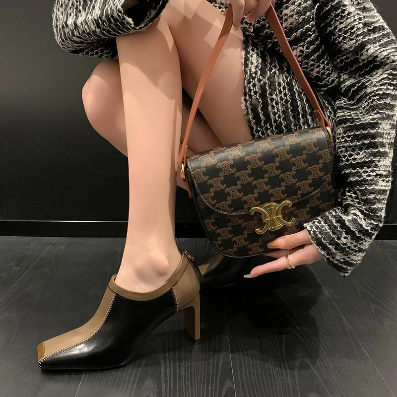 

Women's new leather, cowhide, metal toe, high-heeled square toe, color blocked zipper, deep cut single shoe, fashion shoes