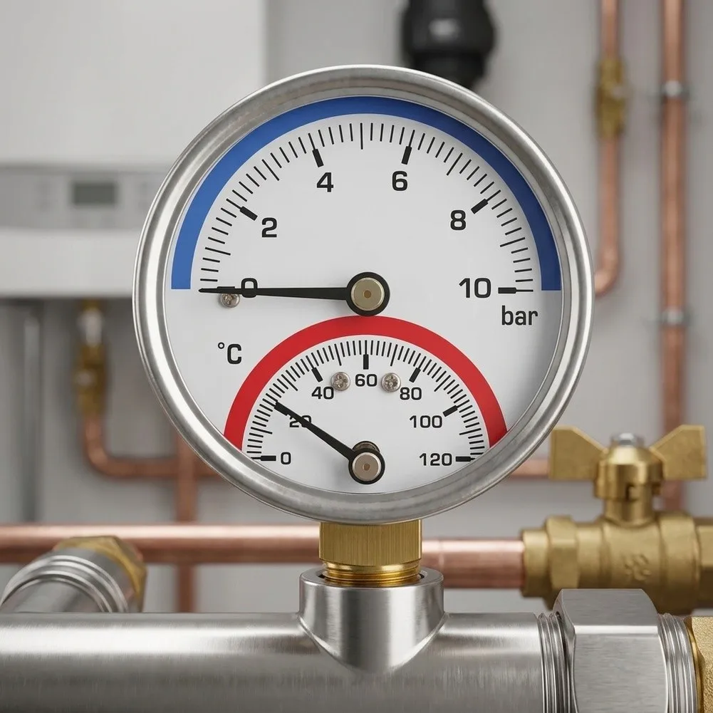 0-10 Bar Water Pressure and 0-120 C Temperature Dual Indicator Gauge for Manifold Inspection and Routine Maintenance