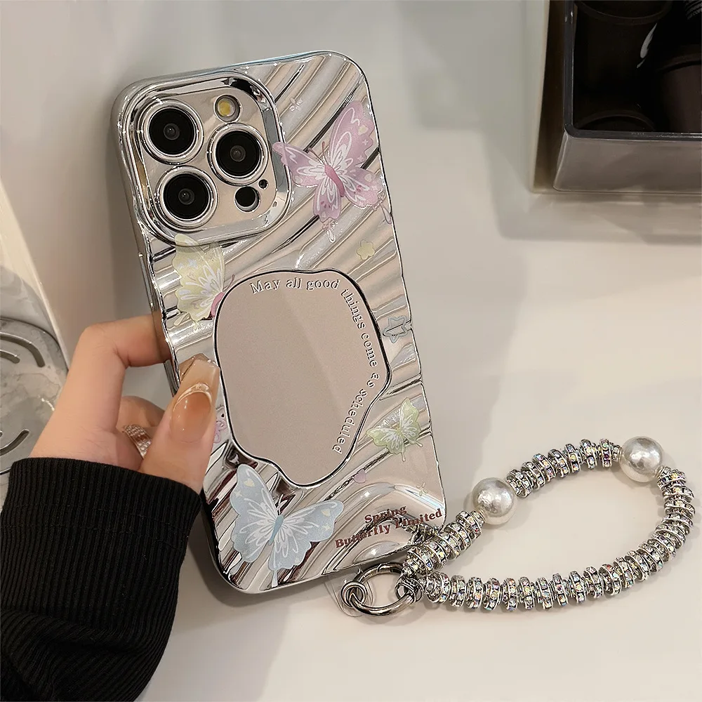 Colorful butterfly mirror phone case for iphone 15pro 15 pro max 11 12 13 14pro 13pro 12promax silvery wave pearl bracelet coque