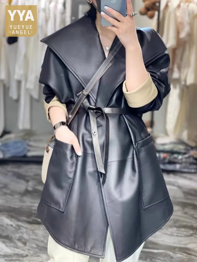 

Autumn High Quality Real Sheepskin Mid Long Trench Coat Belted Loose Fit Office Ladies Cloak Lapel Collar Genuine Leather Jacket