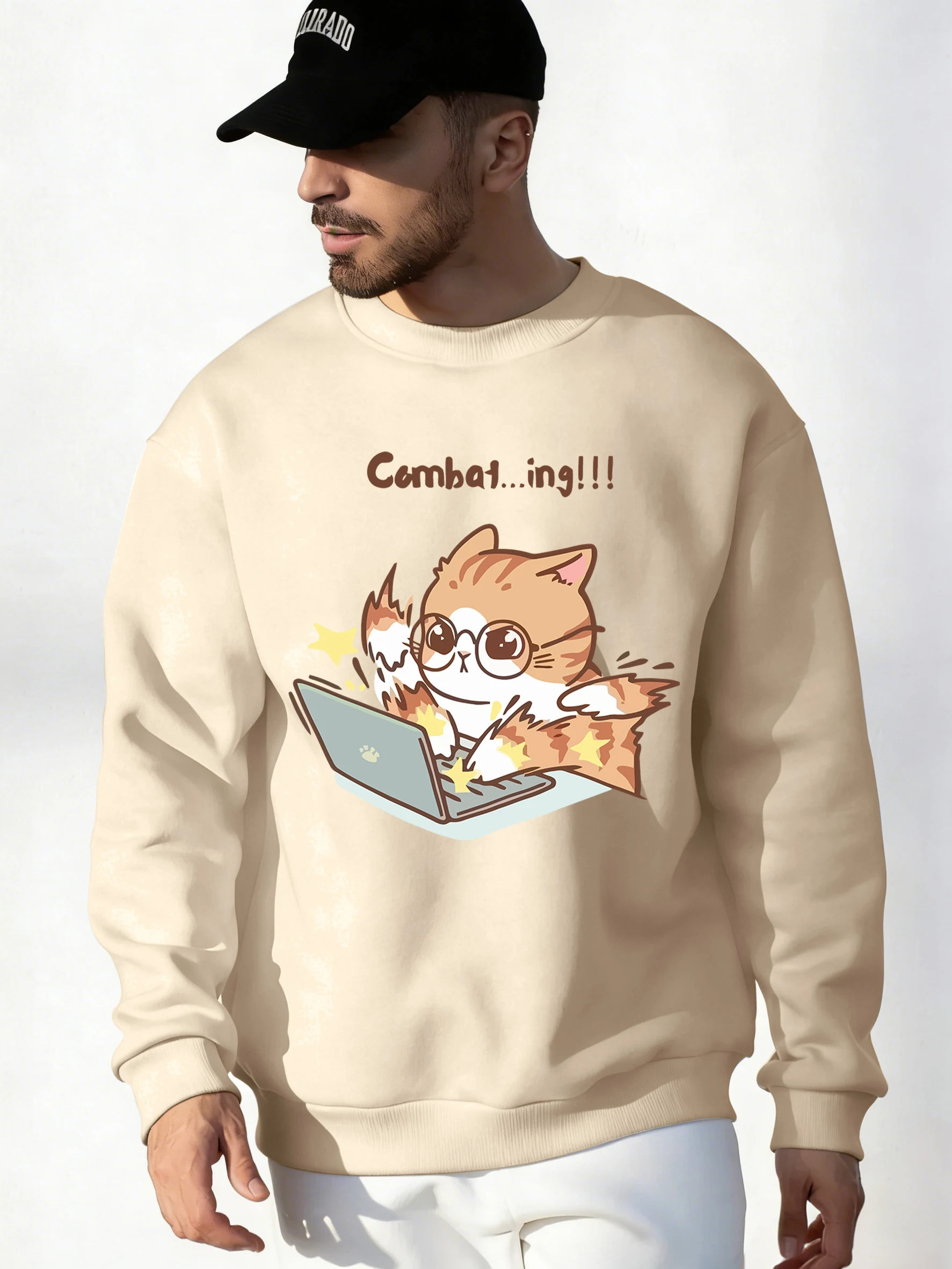 

Спортивная мужская одежда с мультяшным рисунком Crazy Typing Cat, классические удобные топы, универсальные повседневные толстовки, свободный теплый пуловер