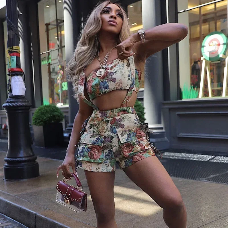 Floral Print Short Sets Women 2 Piece Set Outfit Streetwear Y2K Clothing Strapless Crop Top and Tassel Shorts Overalls Female