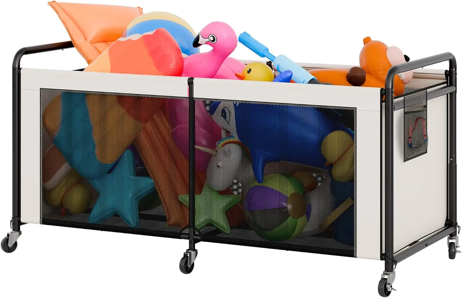 295 Gallonen Netz-Pool-Spielzeug-Aufbewahrungsbox mit Rädern und Seitentaschen, Großer Schwimmbad-Organizer für Schwimmreifen und Badezubehör, Beige