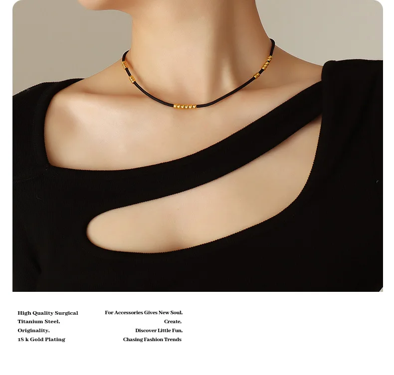 Schwarze Stoffseil-Halskette mit Edelstahlperlen, Lolita-Modeaccessoire für Frauen, cooler Trend, Paar-Halsketten im Großhandel – Detail 5