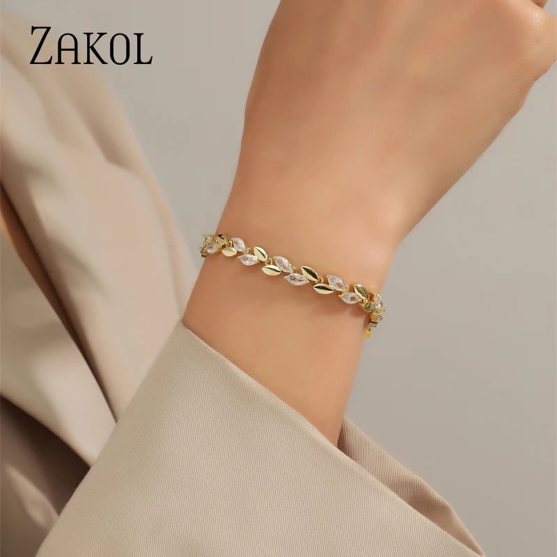 ZAKOL Trendy Charm Marquise Cut Cubic Zirconia Bracelets For Women CZ Leaf Bridal Wedding Party Jewelry Gift BP2252