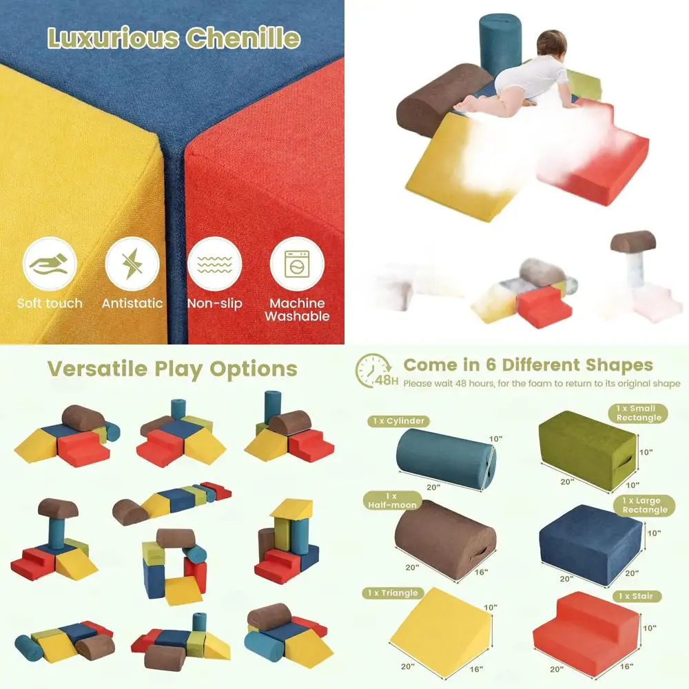 مجموعة مكعبات إسفنجية للتسلق للأطفال مكونة من 6 قطع: صالة ألعاب رياضية ناعمة للأطفال مصنوعة من قماش الشنيل والشريحة