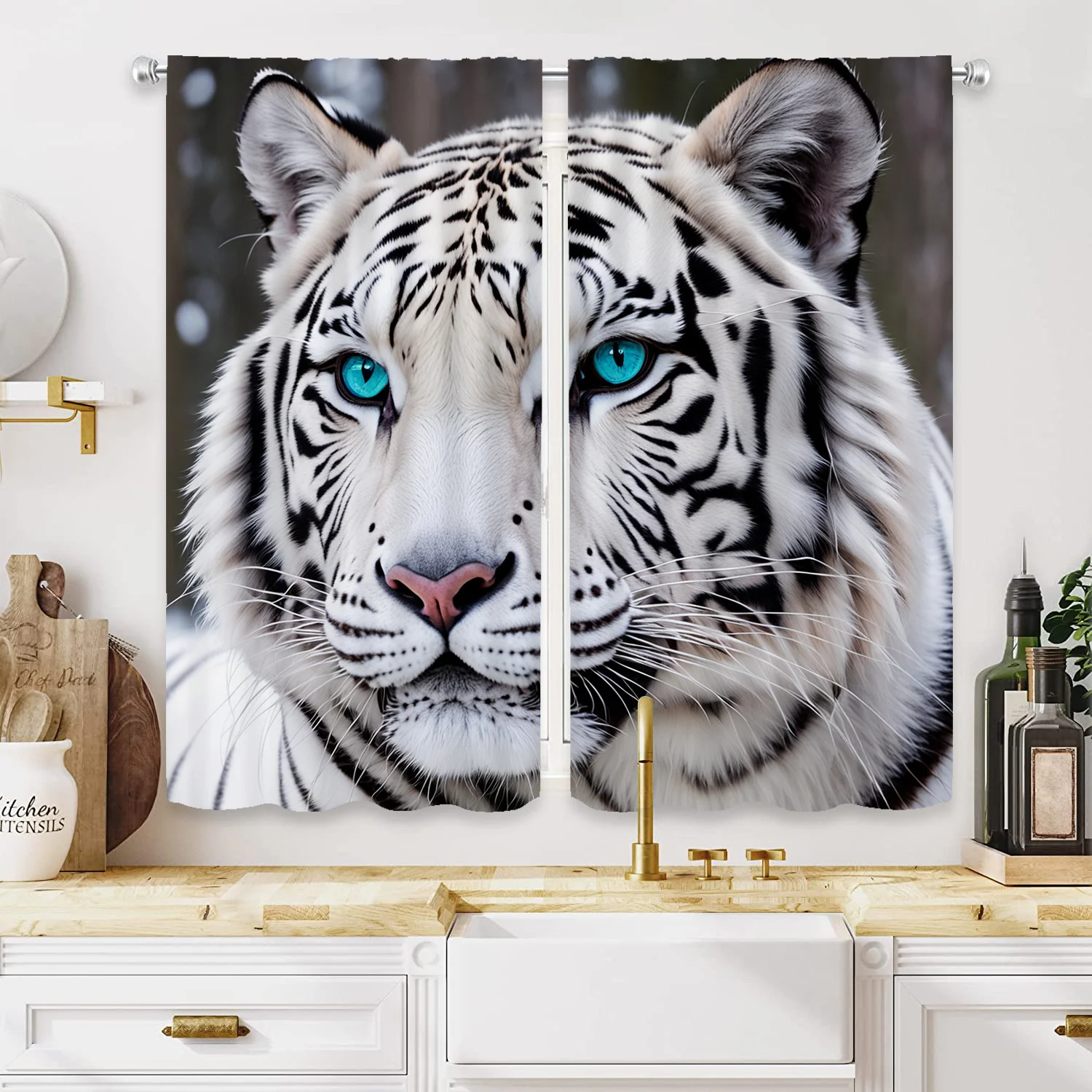 2pcs Fashion Tiger Pattern Semi-Transparent Curtains, Polyester Velvet Rod Pocket Curtains, Suitable for Living Room and Bedroom