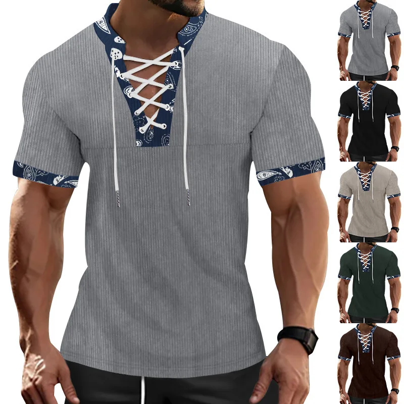 Men's Corduroy Slim Short Sleeve Casual V Neck Lace Up T Shirt Classic Short sleeved Polo Shirt