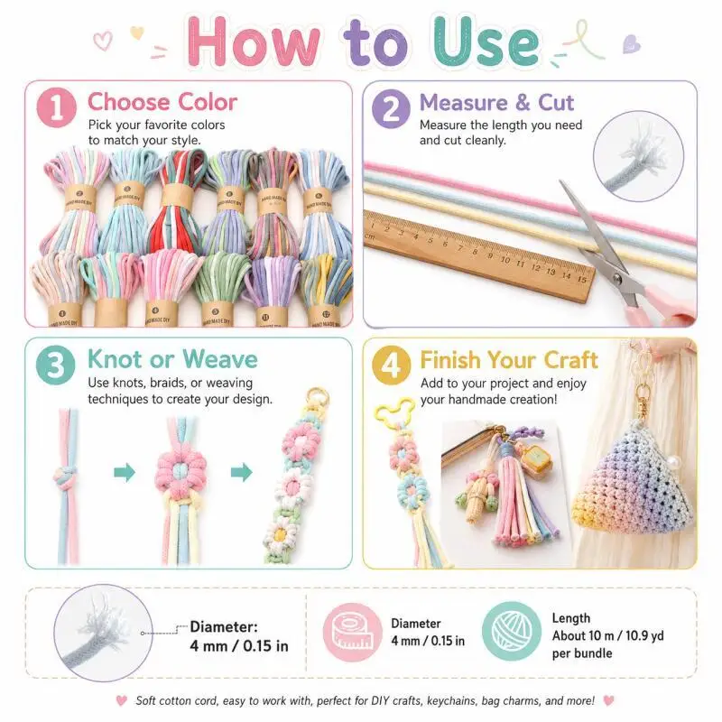 1/2/3 Stück Baumwollseil 4mm 10m Farbverlaufseil für Taschen, Kleidung, Heimdekoration, DIY-Bastelzubehör – Detail 3