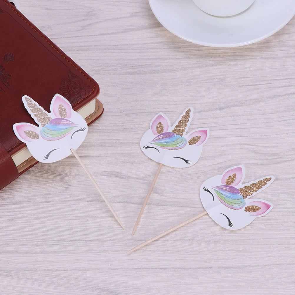 

12 Pcs Horn Cake Insert Baby Toothpicks Birthday Decoration Wooden Cupcake Topper