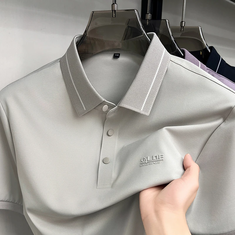 High end brand letter embossed short sleeve polo shirt ice silk breathable summer new men's T-shirt fashion comfort casual top