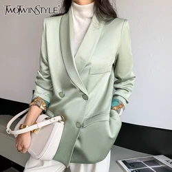 TWOTWINSTYLE Patchwork Pocket Solid Blazer For Women Shawl Collar Long Sleeve Spliced Double Breasted Temperament Blazers Female