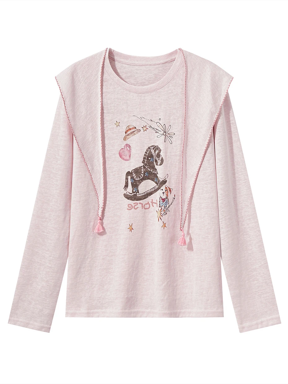 

Розовый комплект из двух предметов: футболка с длинным рукавом и шаль, женский, весенний, повседневный, свободный крой, в стиле кэжуал, полиэстер