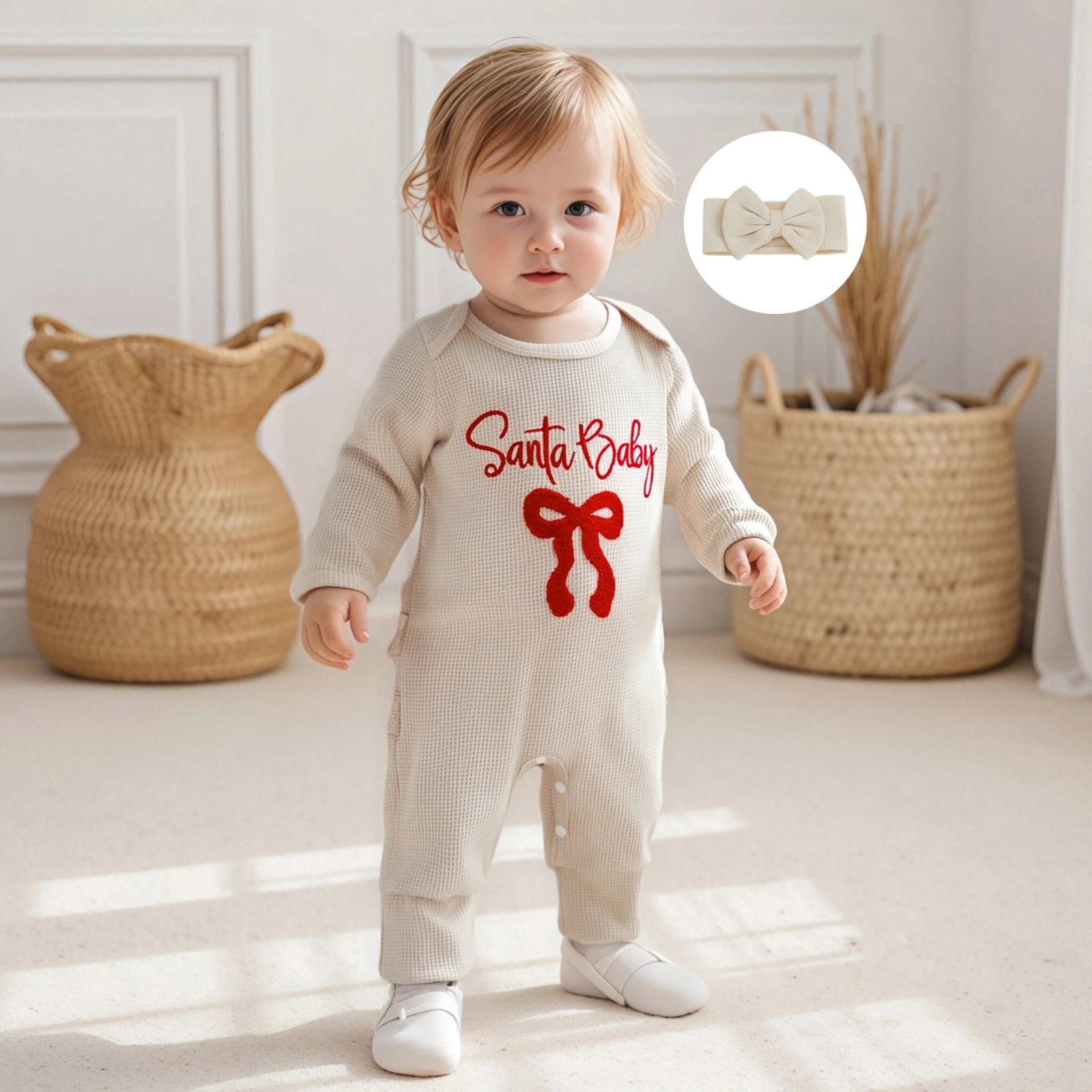 Newborn Girls Christmas Romper Letter Embroidery Long Sleeve Round Neck Waffled Jumpsuit with Bow Headband