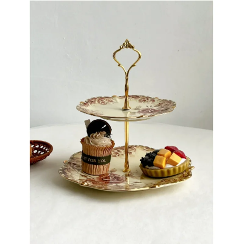 

Flower Double Layer Dim Sum Plate Lady Afternoon Tea Two-Layer Cup Cake Ceramic Plate Snacks Trinket Dish