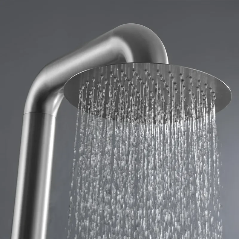 Modern outdoor independent stainless steel shower faucet with golden floor standing design, suitable for beach use