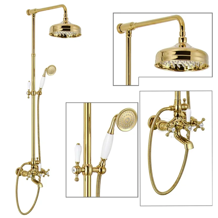 YyhcDirect Sale Retro Brass Body Rain Shower Head With Wall-Mounted Bathroom Shower Panel Set