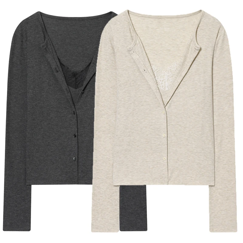 HXAO المحاصيل سترة متماسكة للنساء الخريف الربيع شيك الدانتيل طويلة الأكمام تريكو رمادي داكن البيج البلوزات الكورية شعبية بالأزرار