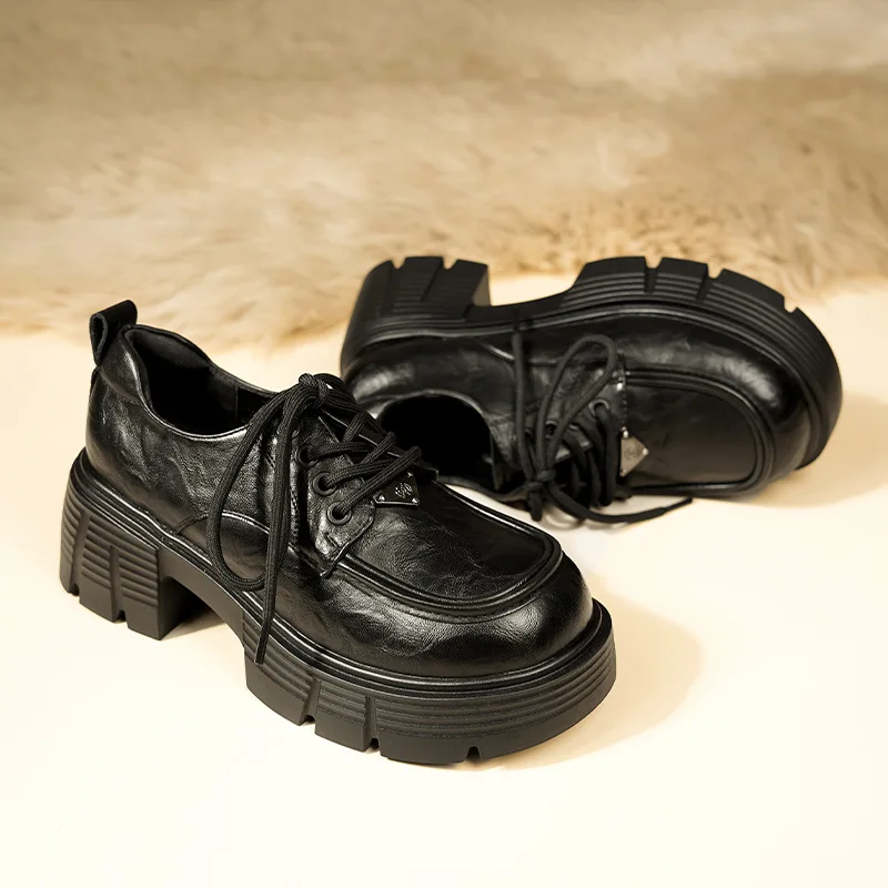 

Lefu shoes British style lace up thick heel autumn thick sole Lefu shoes fashionable and versatile women's square toe