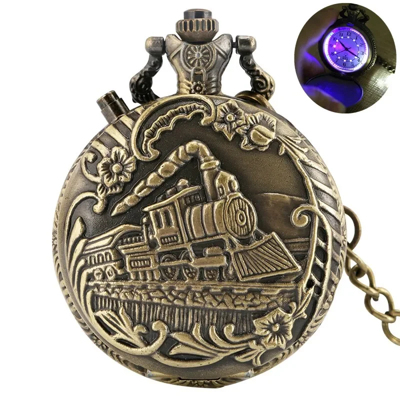 

Antique Style LED Clock Locomotive Railway Men Women Quartz Analog Pocket Watch Arabic Numerals Display Pendant Chain Gifts