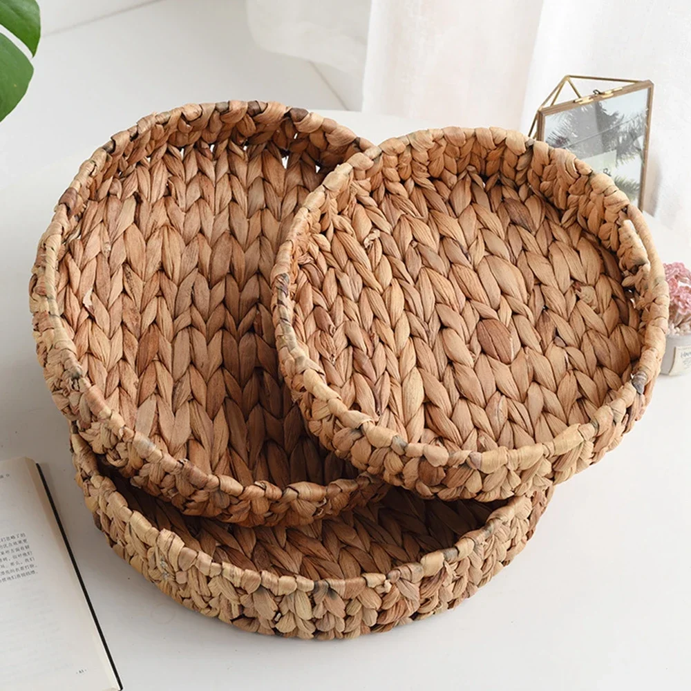 Food Serving Tray Handwoven Fruit Tea Snack Bread Baskets Cosmetic Round Storage Box Water Hyacinth Tray Jewelry Dish Trays