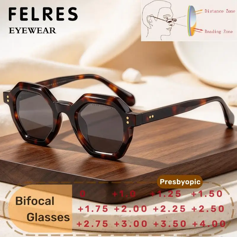 Retro Polygon Bifocal Reading Glasses Men Women Near Far Dual Vision Presbyopia Eyewear Outdoor Black Shade Prescription Glasses