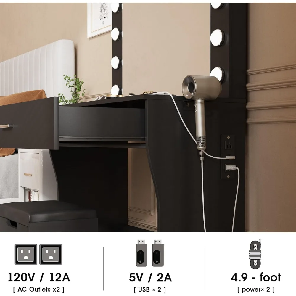 Bureau de courtoisie avec lumières, bureau de maquillage, miroir 4.2, station de charge, 3 modes d'éclairage, luminosité réglable