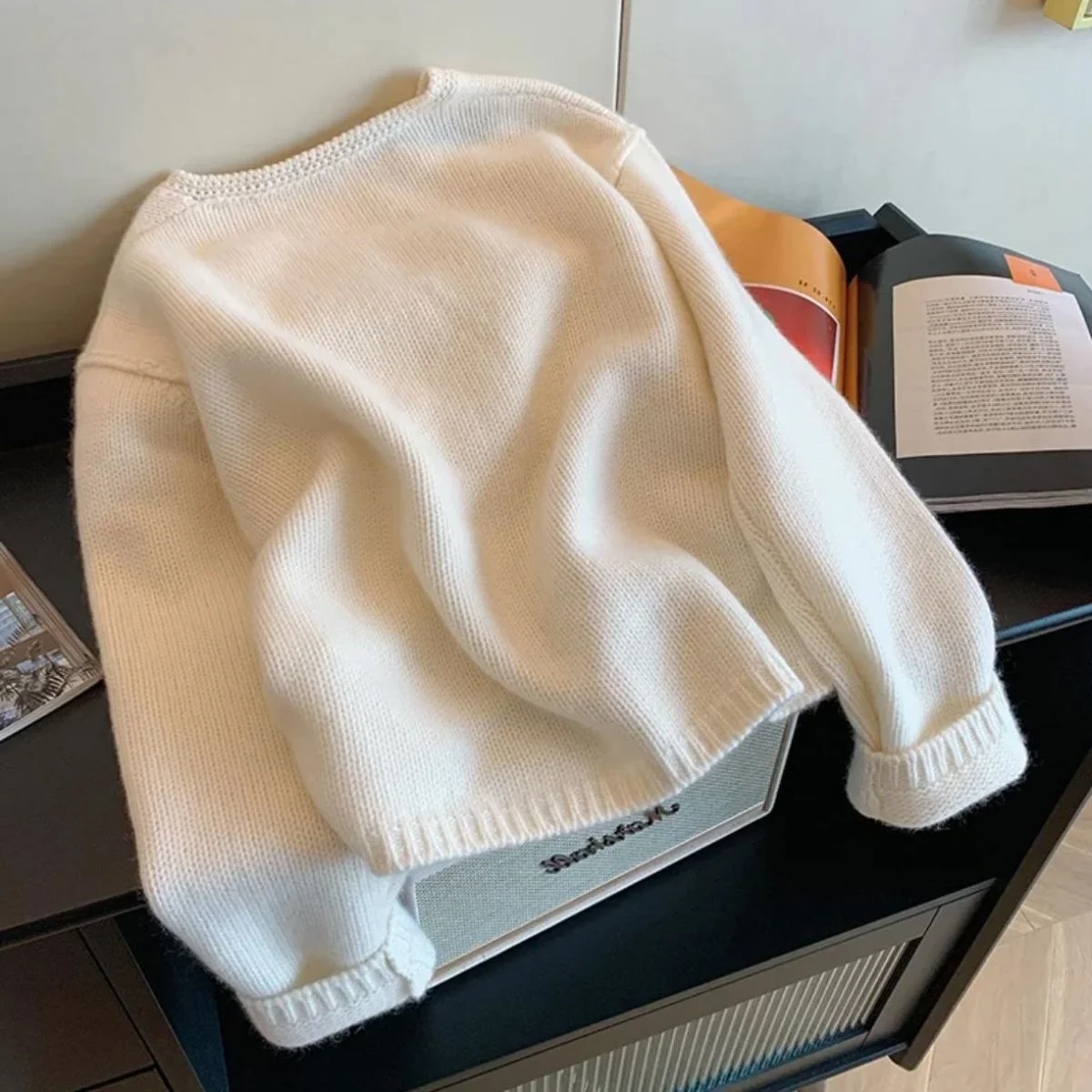 

Korean Version Embroidered Ice Cream Sweater Spring Autumn New Loose Soft Knitted Cardigan Women Round Neck Single Breasted Top