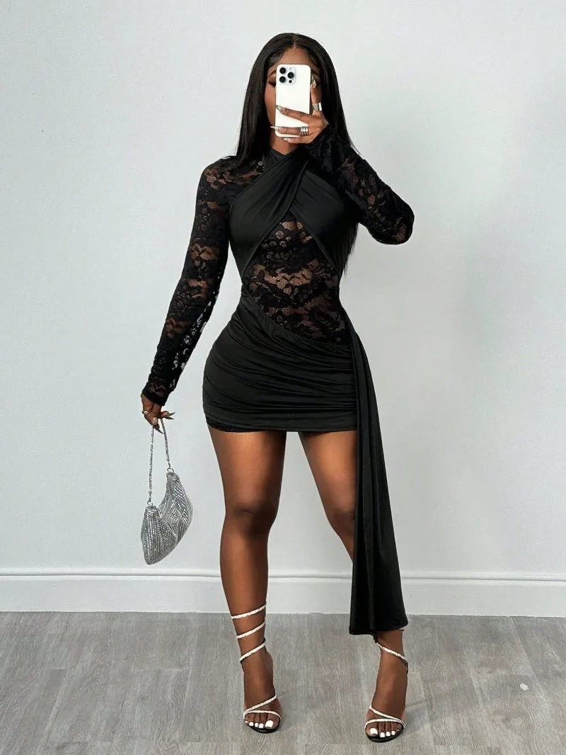 

Side Ribbon Lace Patchwork Ruched Bodycon Mini Dress Women Lace-up Cross Halter Long Sleeve Slim Night Clubwear Party Outfits