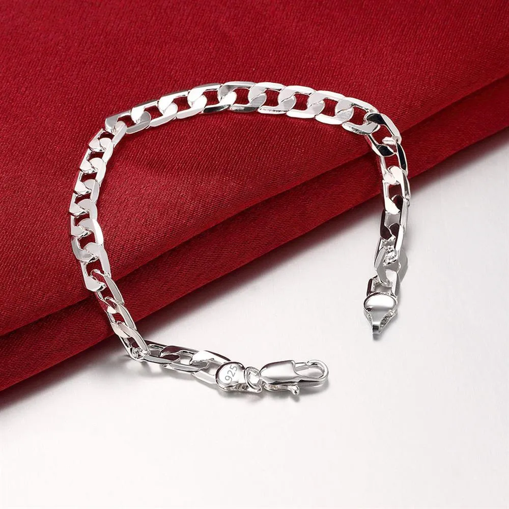 

925 Sterling silver Bracelets 6MM Flat sideways chain for women Wedding party fine Christmas Gifts fashion Jewelry