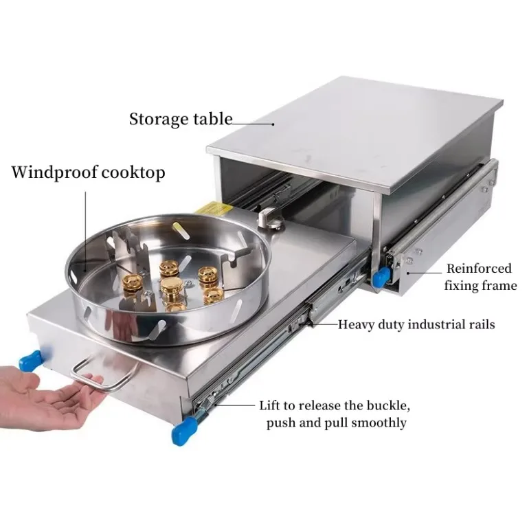 Portable Stainless Steel 304 Windproof Gas Burner for RV Truck Camper Vehicle Camping Stove with Slide Out Design