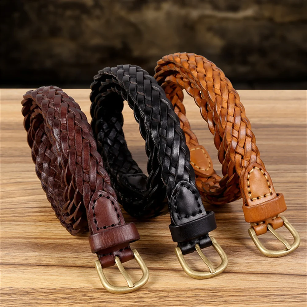 Braided Belt for Women Ladies Pure Color Genuine Leather Alloy Metal Buckle Adjustable Belt for Jeans Dress Accessories Gifts