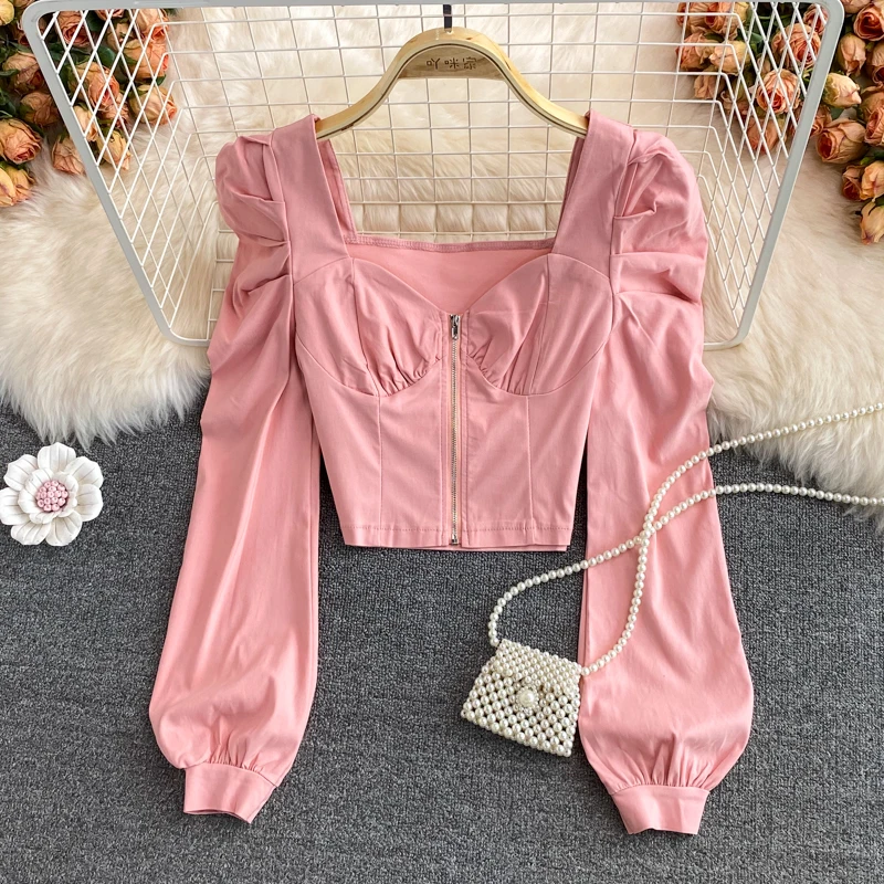 

Women's Solid Square Collar Shirt Off Shoulder Zipper Long Sleeve Top 2023 Autumn Retro Slim Bubble Sleeve All-Match Crop Shirt