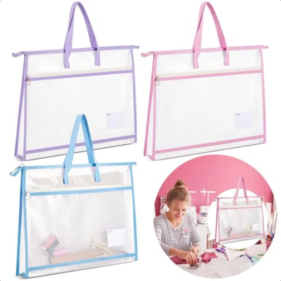 

3 Pcs 17.7×13 Inch Project Bag for Quilting Sewing Craft Storage for Quilter A3 Clear Mesh Design Art ply Bag Artwork Storage O