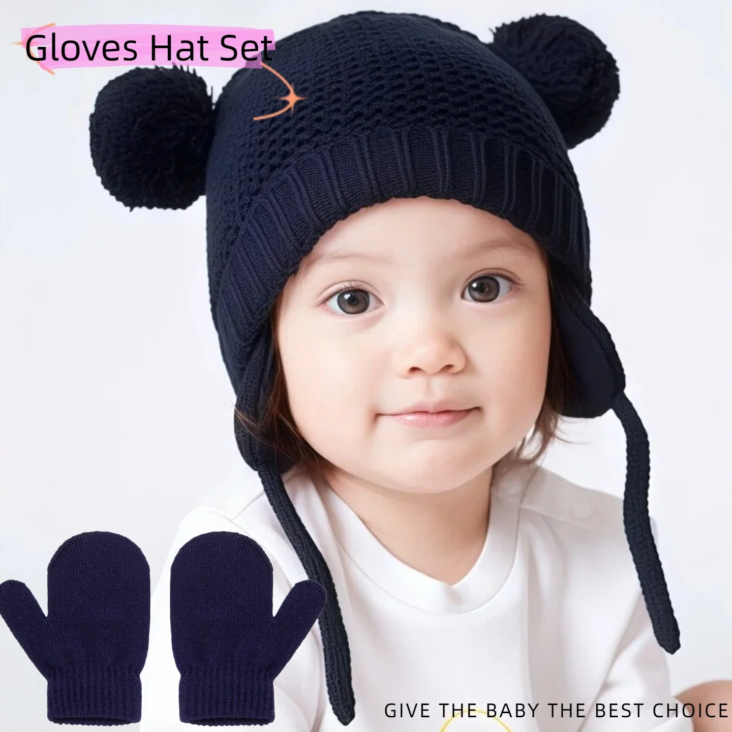 

2Pcs Baby Knit Gloves Hat Set Solid Color Autumn Winter Ear Protection Infant Toddler Beanie Cap for Girls Boys Cute Outdoor War