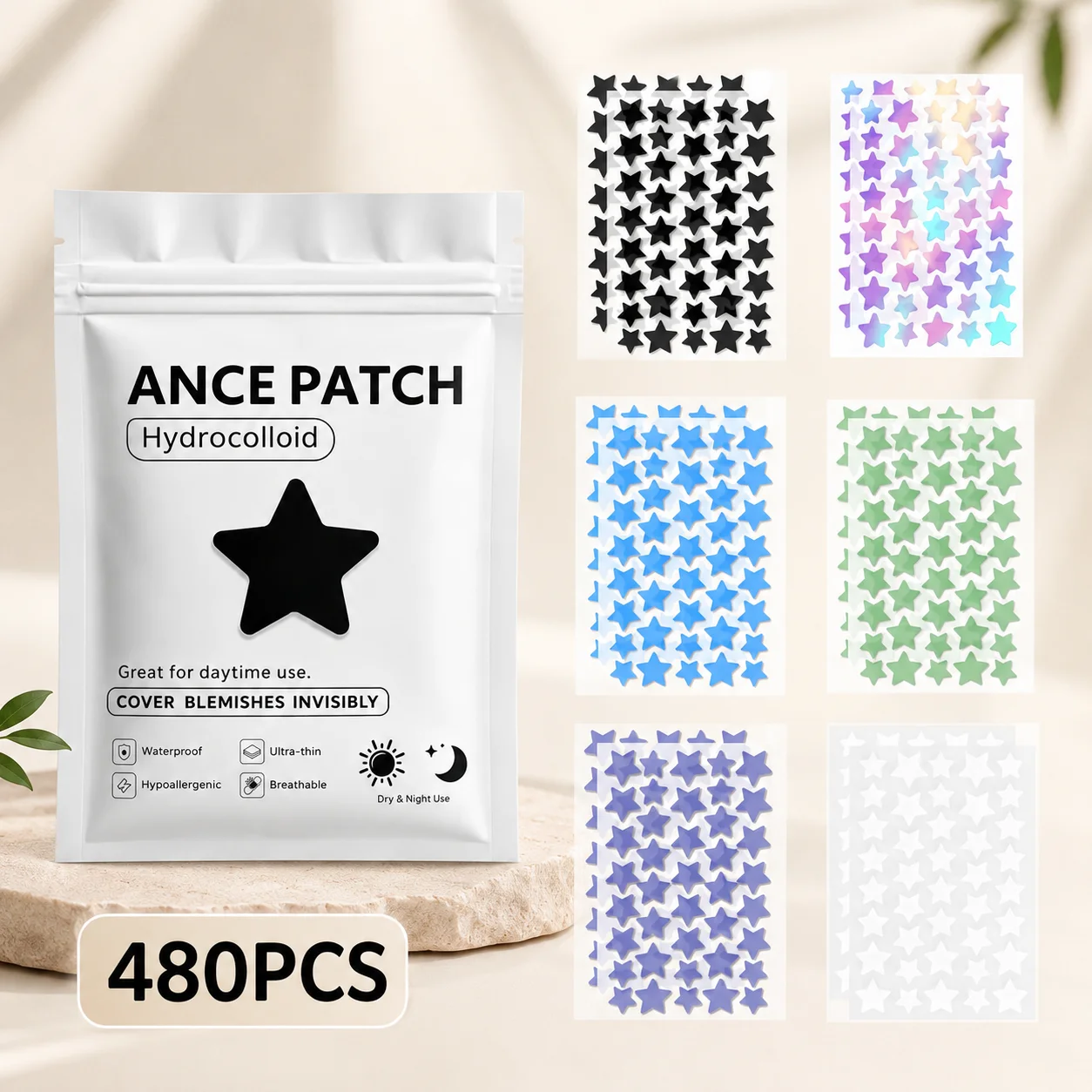 480PCS Star Pimple Patch Hydrocolloid Stickers Colorful Acne Spot Cover Cute Face Care Adhesive Beauty Patch Set