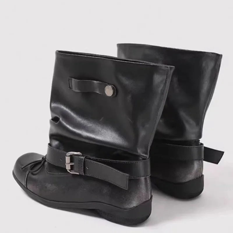 New Western Style Knight Boots Women's Retro Block Heel Round Toe Buckle Decorated Mid-Suit Leather Shoes