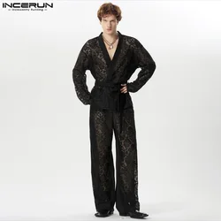 INCERUN 2024 American Style Men's Sexy Sets Long Sleeved Cardigan Long Pants Stylish Male Lace Strap Design Suit 2 Pieces S-5XL