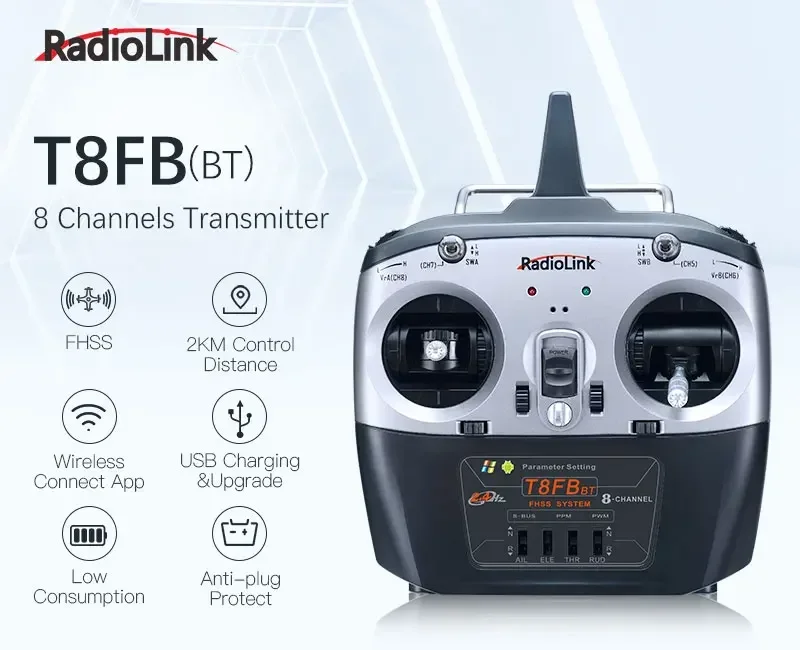 Radiolink novo transmissor e receptor rc t8fb bt 8 canais r8ef 2.4g controlador para drone/asa fixa, avião