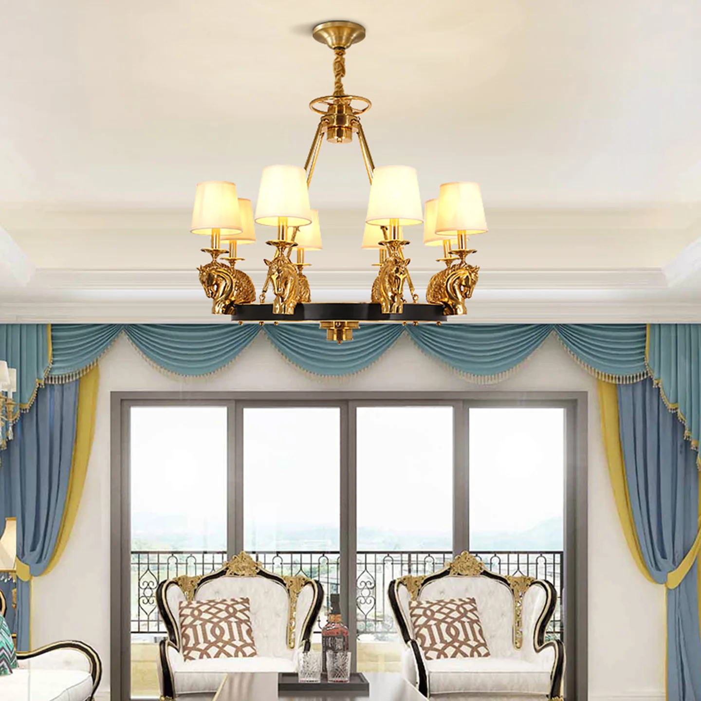 European Baroque Apartment Loft Living Room Retro Brass Chandelier Dining Room Hotel Lobby Elegant Fabric Pendant Lamp