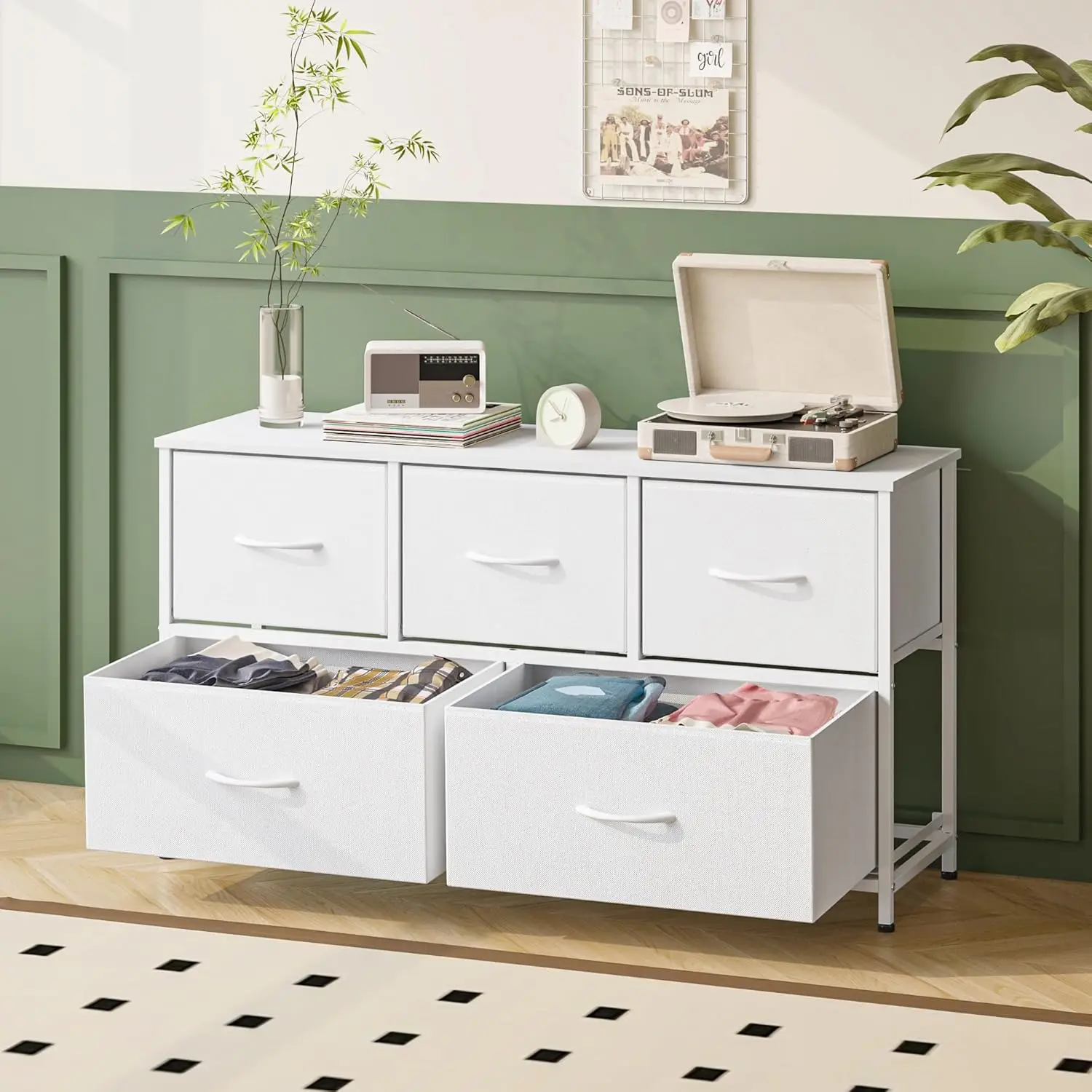 Commode large en tissu à 5 tiroirs pour chambre à coucher, armoire de rangement à profil bas, meuble TV, organisateur de vêtements
