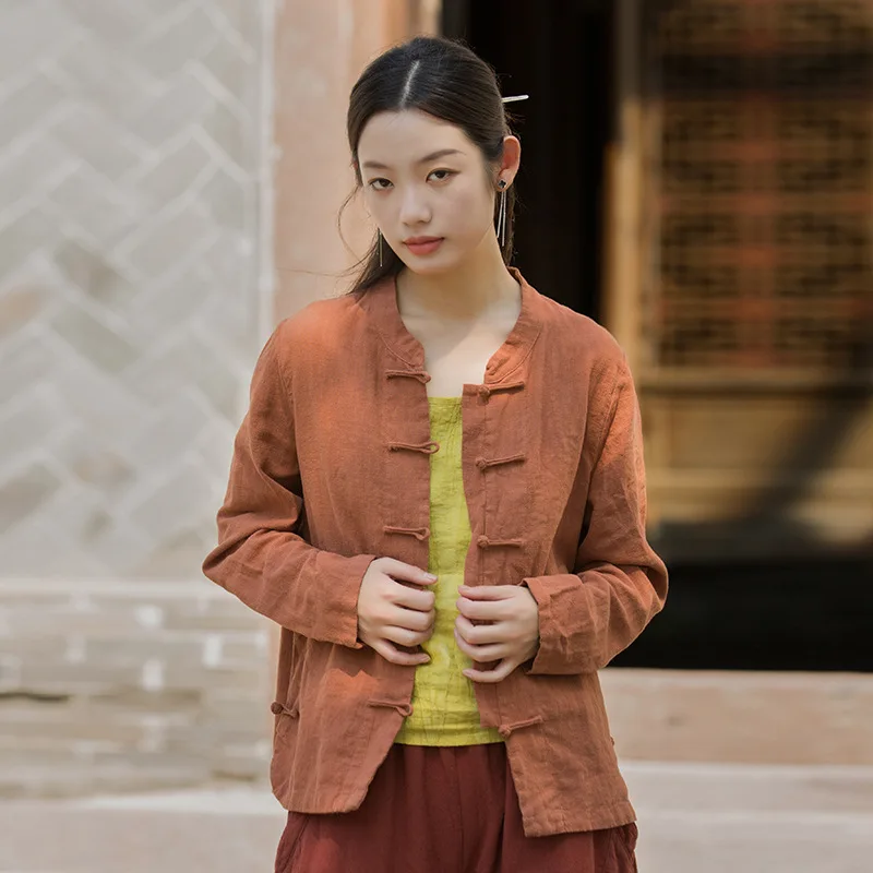 

Stunning small stand-up collar top buckle women's long-sleeved slim-fitting Zen clothes cardigan fashionable casual versatile si